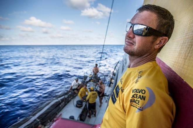 Onboard Abu Dhabi Ocean Racing – Phil Harmer jumps up to the boom to get a better view over the horizon of the competition - Leg six to Newport – Volvo Ocean Race 2015 © Matt Knighton/Abu Dhabi Ocean Racing